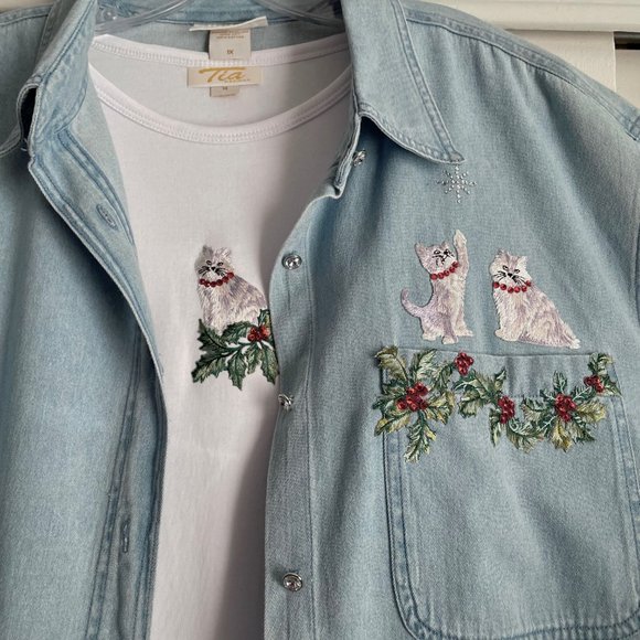 VTG Plus Size Tia Designs Holiday Top/Denim Blouse SET Beaded Embroidered Cat 1X - Picture 6 of 15